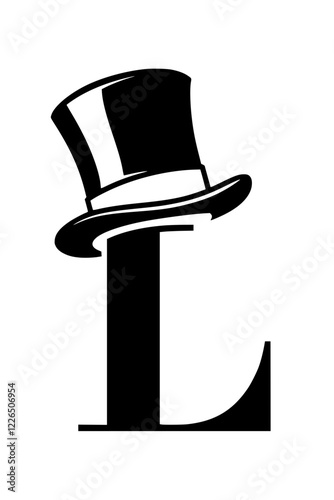 Letter L with Elegant Top Hat Design , Black and white artistic representation of the letter L adorned with a stylish tilted top hat, symbolizing sophistication, class, and vintage charm.  
 
