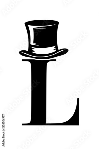 Letter L with Elegant Top Hat Design , Black and white artistic representation of the letter L adorned with a stylish tilted top hat, symbolizing sophistication, class, and vintage charm.  
 
