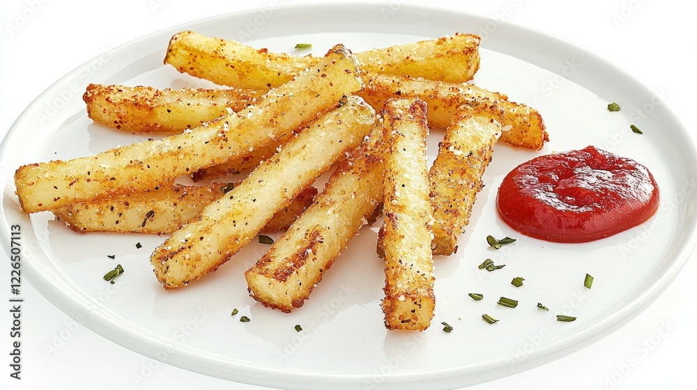 Delicious Crispy Fries with Bright Red Ketchup on a White Plate Delicious Crispy Fries with Bright Red Ketchup on a White Plate