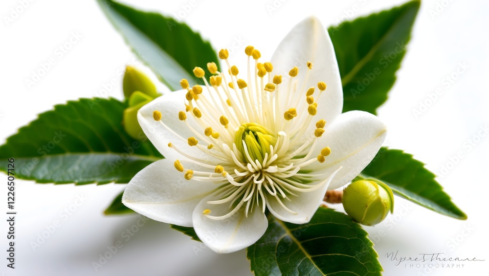 Fototapeta premium Myrtle flower beautiful photography Myrtus flower isolated Nature's beauty white blossom Close-Up Myrtus flowering twig and leaves Myrtle flower White Petals, Yellow Center and Green Leaves