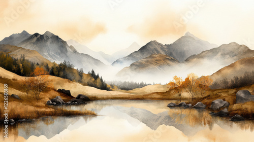 serene mountain landscape with misty peaks, calm reflective water, and autumnal trees in soft neutral tones creates tranquil atmosphere