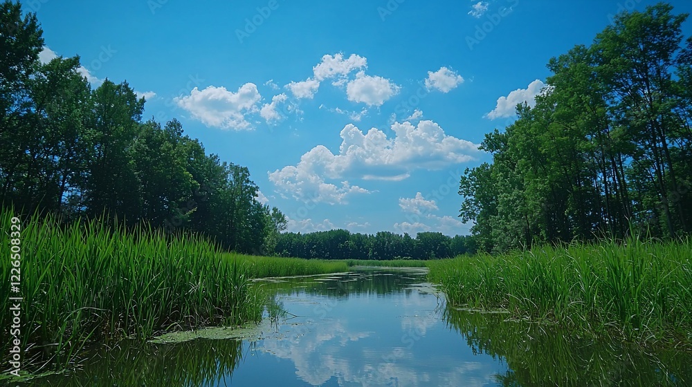 Calm river scene with lush green vegetation and a blue sky with fluffy clouds. Calm river scene with lush green vegetation and a blue sky with fluffy clouds.