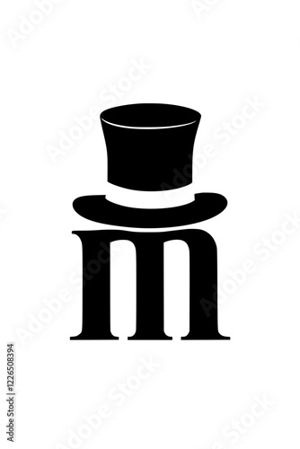Letter M with Stylish Top Hat Design , Black and white artistic representation of the letter M wearing an elegant top hat, symbolizing sophistication, class, and vintage fashion.  
 
