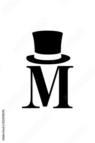 Letter M with Stylish Top Hat Design , Black and white artistic representation of the letter M wearing an elegant top hat, symbolizing sophistication, class, and vintage fashion.  
 
