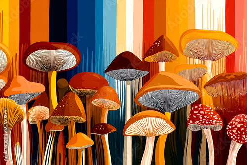 Autumnal Mushroom Medley: A vibrant collection of mushrooms in warm autumnal hues, displayed against a backdrop of richly colored vertical stripes. photo