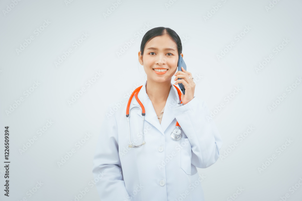 A young female doctor expert, smiling in a white coat with a stethoscope, stands against a white background, holding a medical report, providing online advice in a doctor's office A young female doctor expert, smiling in a white coat with a stethoscope, stands against a white background, holding a medical report, providing online advice in a doctor's office