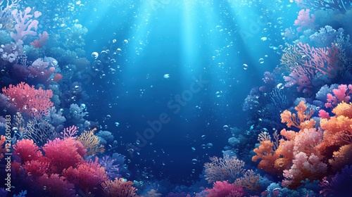 Fototapeta Naklejka Na Ścianę i Meble -  Underwater coral reef with sunlight and bubbles in deep blue ocean artistic illustration