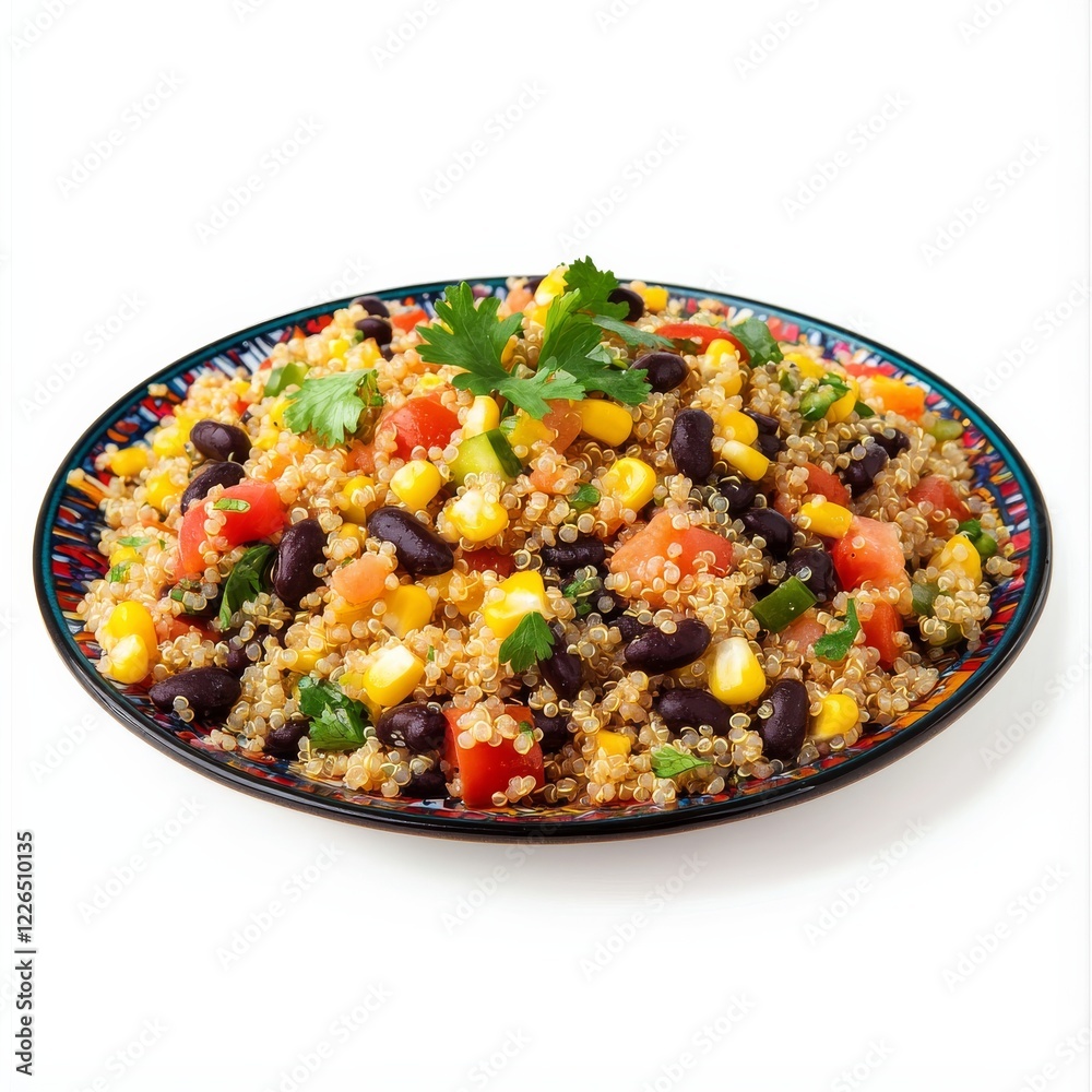 A colorful plate of Mexican quinoa salad with black beans and corn, isolated white background, abstract art style A colorful plate of Mexican quinoa salad with black beans and corn, isolated white background, abstract art style
