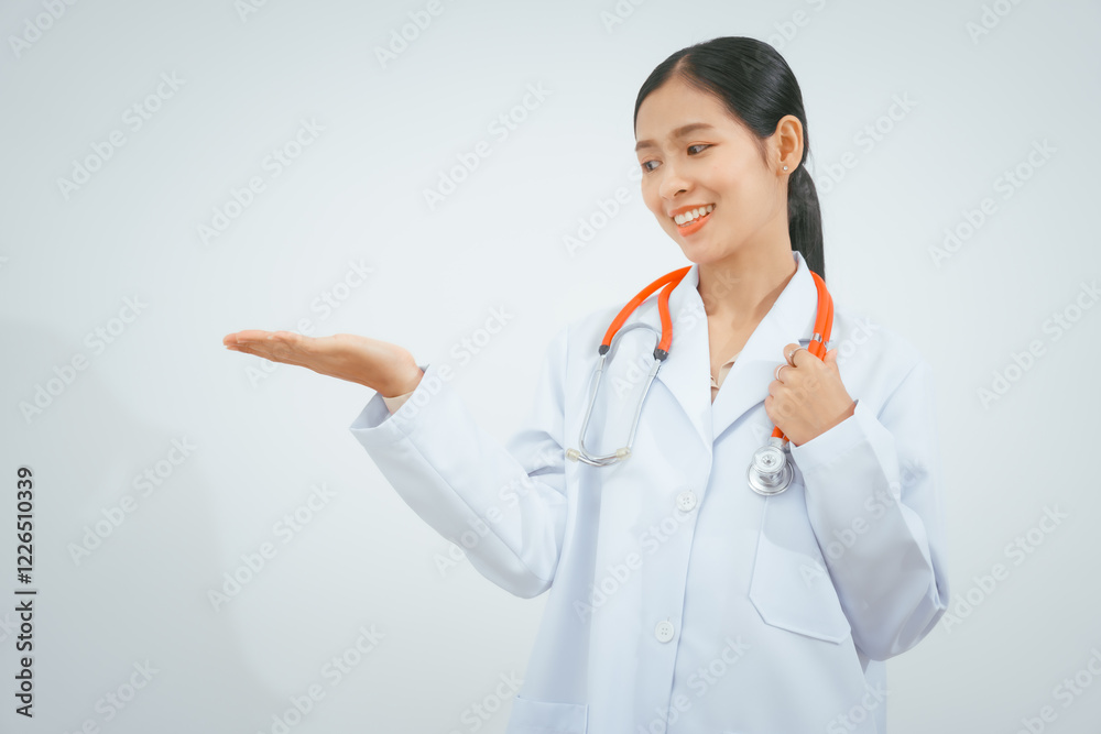 A young female doctor expert, smiling in a white coat with a stethoscope, stands against a white background, holding a medical report, providing online advice in a doctor's office A young female doctor expert, smiling in a white coat with a stethoscope, stands against a white background, holding a medical report, providing online advice in a doctor's office