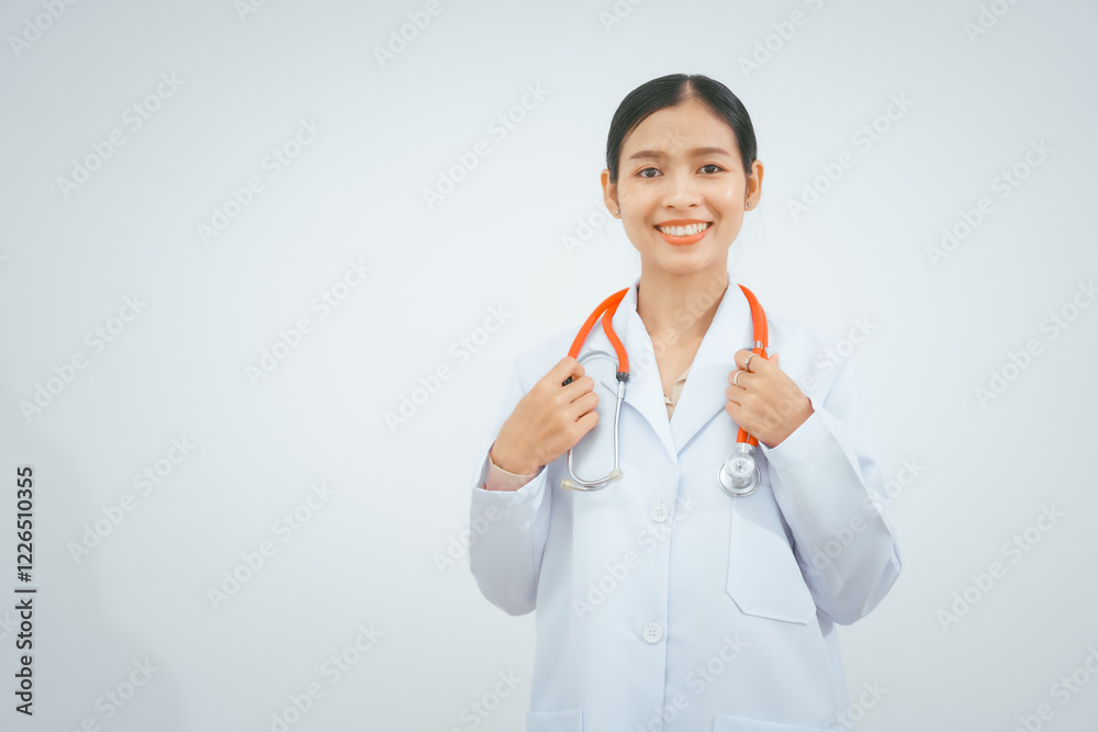 A young female doctor expert, smiling in a white coat with a stethoscope, stands against a white background, holding a medical report, providing online advice in a doctor's office A young female doctor expert, smiling in a white coat with a stethoscope, stands against a white background, holding a medical report, providing online advice in a doctor's office