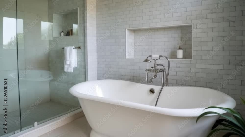 Sleek and stylish bathroom featuring a glass walk-in shower and a spacious white freestanding Sleek and stylish bathroom featuring a glass walk-in shower and a spacious white freestanding