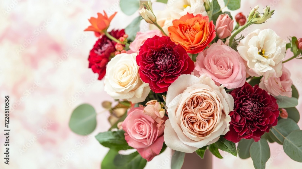 Valentine mockup card elements design. Floral Arrangement of White Pink and Red Flowers in Full Bloom with Green Leaves and Stems. Valentine mockup card elements design. Floral Arrangement of White Pink and Red Flowers in Full Bloom with Green Leaves and Stems.