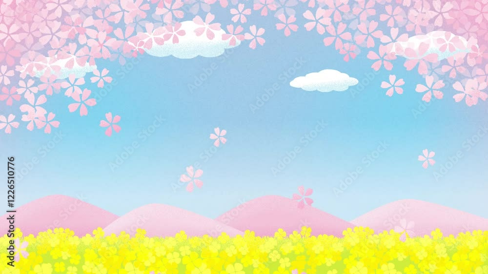 Animated spring vector background with falling cherry blossoms and canola flowers Animated spring vector background with falling cherry blossoms and canola flowers