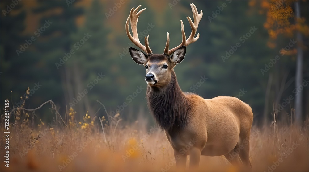 Naklejka premium Majestic Bull Elk in Autumn Meadow Stunning Wildlife Photography Breathtaking Nature Image Fall Colors Wild Animal Portrait