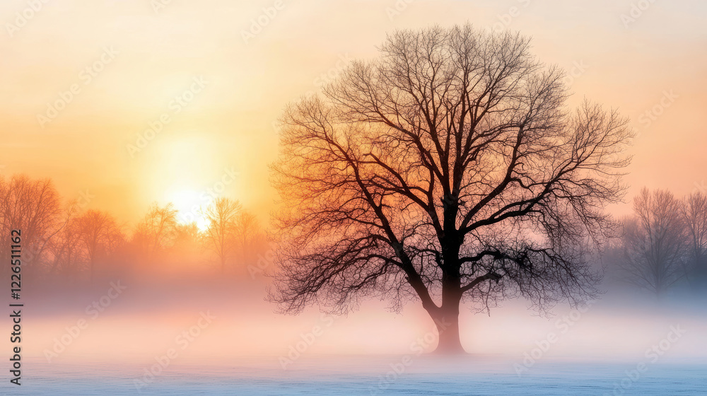 solitary tree stands gracefully in serene winter landscape, surrounded by soft morning fog and illuminated by warm sunrise gradient blending into cool gray horizon solitary tree stands gracefully in serene winter landscape, surrounded by soft morning fog and illuminated by warm sunrise gradient blending into cool gray horizon
