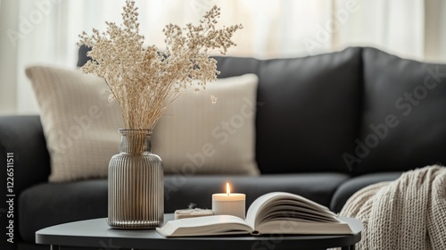 Cozy Living Room Decor with Dried Flowers and a Book