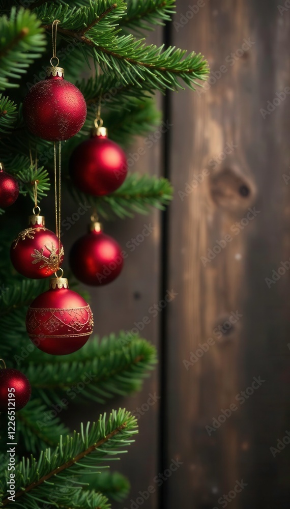 Fototapeta premium Red and gold ornaments hang from fir branch on a rustic wooden wall, ornaments, rustic