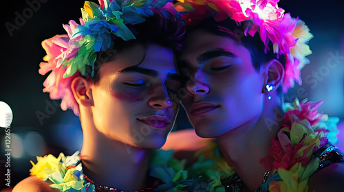 Two Young Men Embracing in Colorful Floral Necklaces at Night