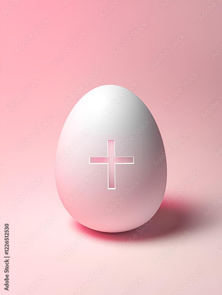 Fototapeta premium Minimalist Egg with Plus Sign: A single, white egg, illuminated by a soft pink light, features a subtle cross engraved on its surface. The simplicity and delicate design create a minimalist aesthetic.