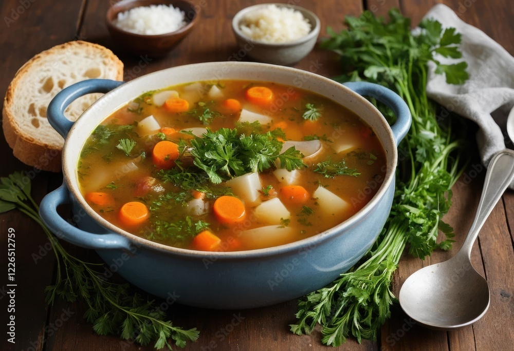 Warm and inviting vegetable soup in rustic blue bowl, garnished with fresh parsley, served with crusty bread; perfect for fall and winter. Warm and inviting vegetable soup in rustic blue bowl, garnished with fresh parsley, served with crusty bread; perfect for fall and winter.