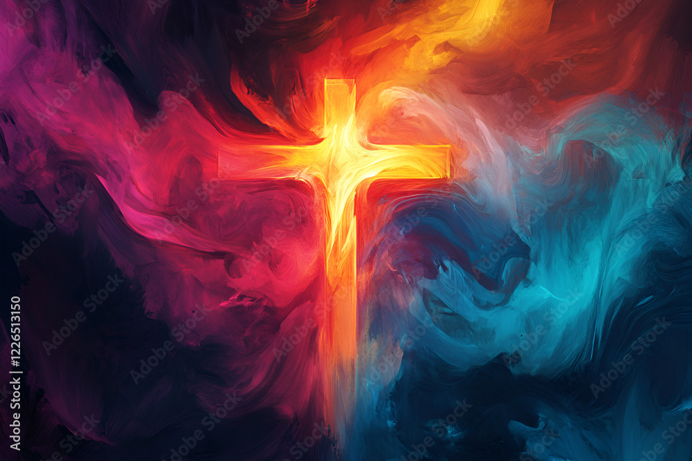 Fototapeta premium The Light of Hope: A luminous cross glows brightly amidst swirling clouds of vibrant red, blue, and purple, representing faith, hope, and the divine in a dramatic and symbolic abstract.