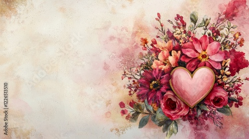 Valentine mockup card elements design. Floral Bouquet with Pink Heart Centerpiece on Textured Background for Celebration or Holiday.