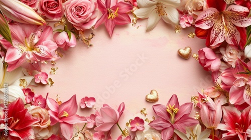 Valentine mockup card elements design. Floral Frame with Pink Lilies Roses and Golden Hearts on Pale Pink Surface for Romantic Occasions.