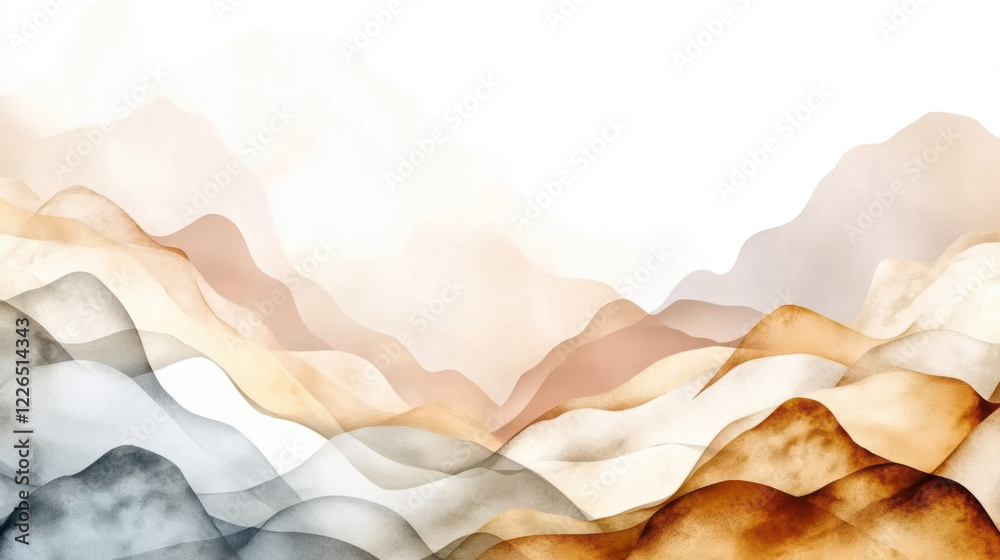 Obraz premium Abstract watercolor landscape with soft beige, brown, and gray tones forming layered mountain like shapes, evoking calming and serene atmosphere