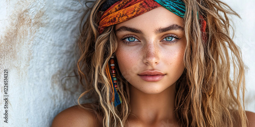 Close-up portrait of a young woman with stunning blue eyes and beautiful freckles.