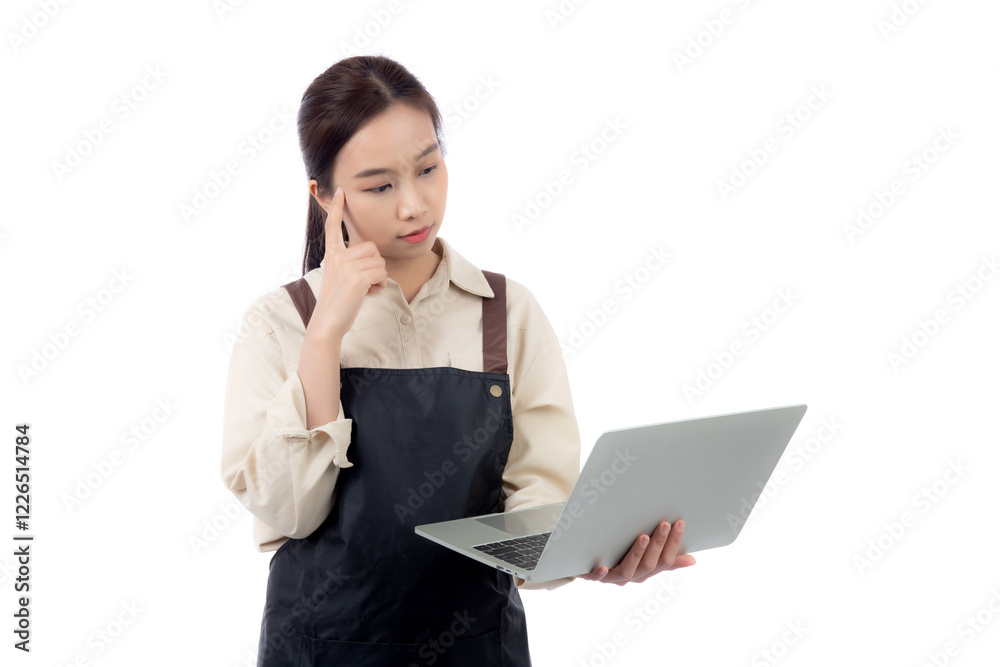 Portrait young asian business woman wearing apron holding laptop computer isolated white background, waitress or barista holding laptop computer while thoughtful, cut out, business or freelance. Portrait young asian business woman wearing apron holding laptop computer isolated white background, waitress or barista holding laptop computer while thoughtful, cut out, business or freelance.
