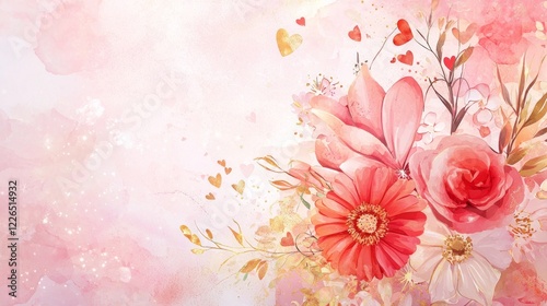 Valentine mockup card elements design. Floral Watercolor Art with Pink Hues and Gold Hearts Adorning a Soft Background.