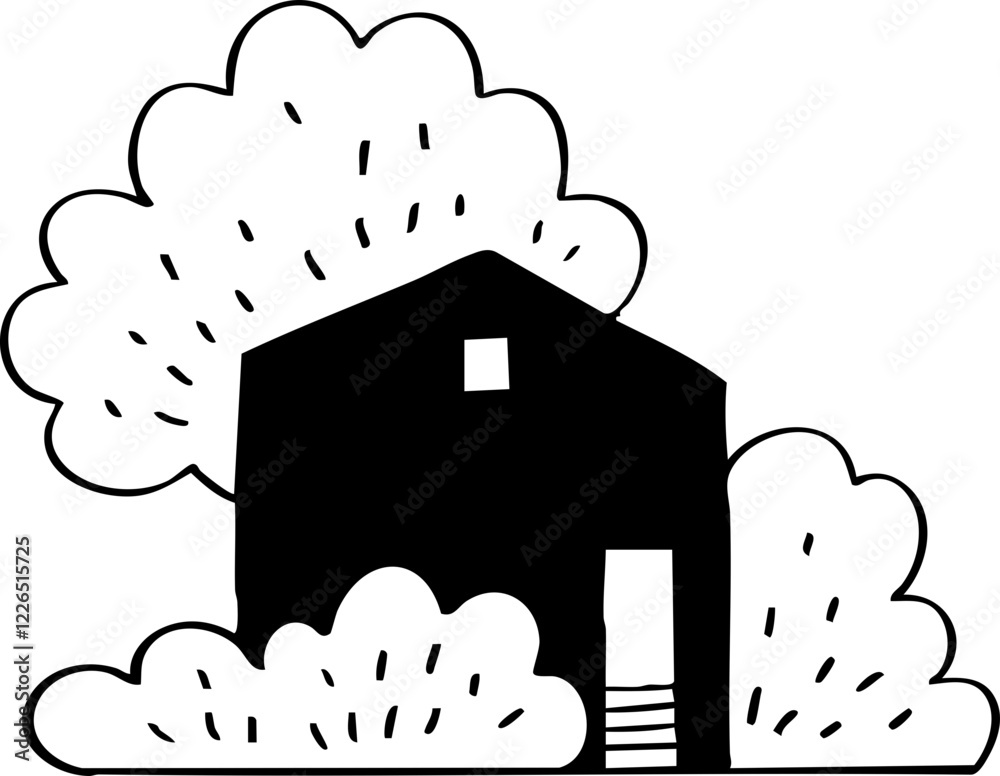 hand drawn cartoon of house with garden illustration. hand drawn cartoon of house with garden illustration.
