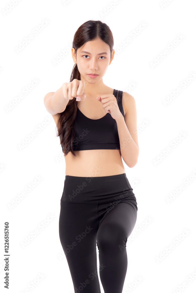 Portrait young asian woman in sportswear exercise with cardio pose while punch isolated white background, girl workout with strength and strong, sport and motivation, determination and endurance. Portrait young asian woman in sportswear exercise with cardio pose while punch isolated white background, girl workout with strength and strong, sport and motivation, determination and endurance.