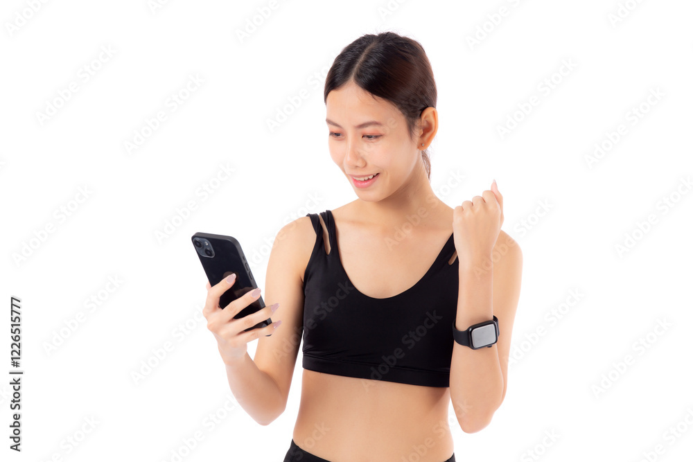 A fit young asian woman in sportswear using a smart phone, possibly managing her fitness routine isolated white background, active woman using smartphone in sportswear, sport and health. A fit young asian woman in sportswear using a smart phone, possibly managing her fitness routine isolated white background, active woman using smartphone in sportswear, sport and health.