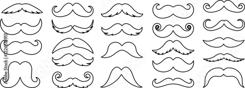 Mustache Black silhouette icon in line set. Symbol of Father day man mustaches Vector for apps or website Moustache for men face whisker tendril isolated on transparent background.