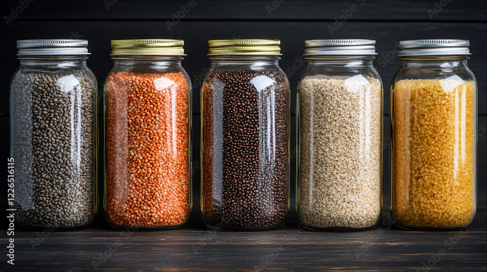 Jars filled with various colorful grains on a dark surface. Jars filled with various colorful grains on a dark surface.
