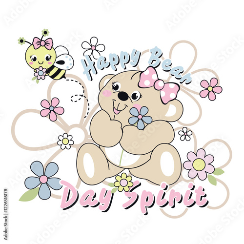 Cute bear vector surrounded by beautiful floral decoration and small insects, creating a peaceful nature scene

