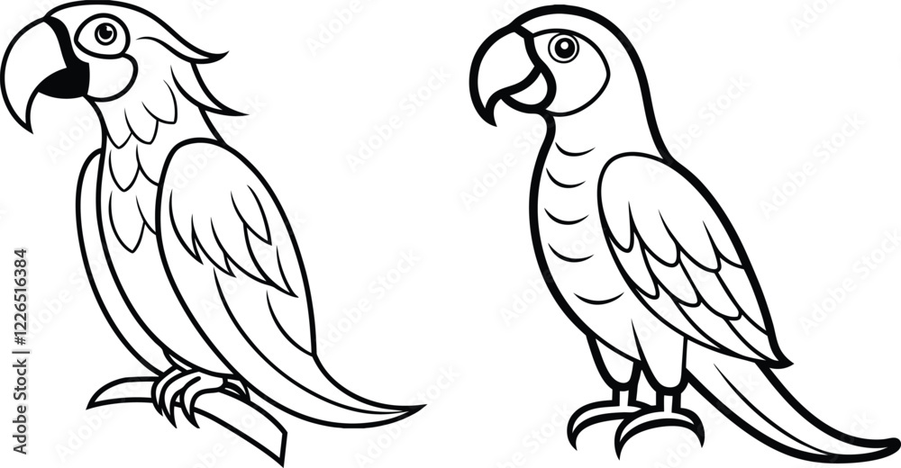 Two vibrant Line Art macaw with a curved beak. Two vibrant Line Art macaw with a curved beak.
