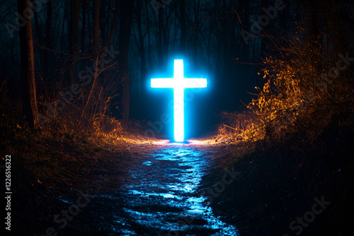 Glowing Cross in the Forest: A luminous blue cross stands tall in a dark forest path, its light illuminating the way.  The image evokes a sense of mystery, hope, and faith.