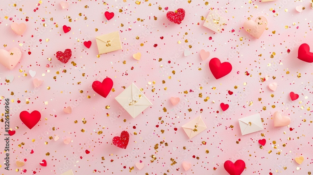 Valentine mockup card elements design. Heart Envelopes and Golden Sprinkles on Light Pink Background for Valentines Day or Love Theme. Valentine mockup card elements design. Heart Envelopes and Golden Sprinkles on Light Pink Background for Valentines Day or Love Theme.