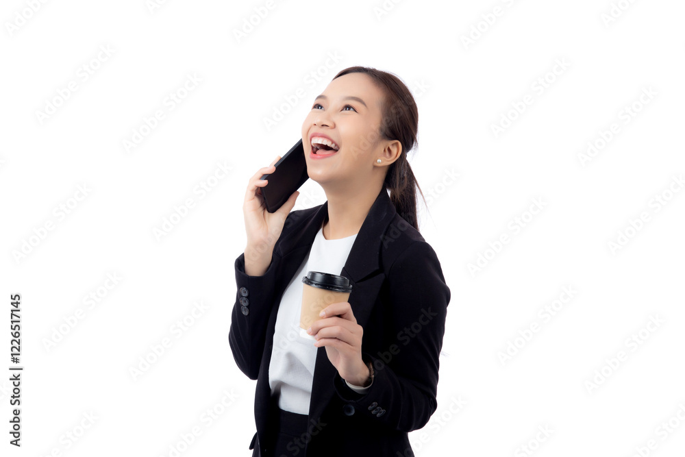 Portrait cheerful young asian businesswoman holding coffee cup while talking smart phone with relax and satisfied isolated white background, business woman drinking coffee and speaking on smartphone. Portrait cheerful young asian businesswoman holding coffee cup while talking smart phone with relax and satisfied isolated white background, business woman drinking coffee and speaking on smartphone.