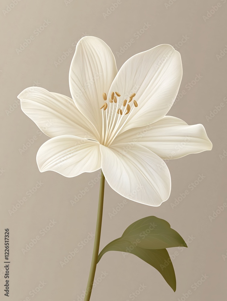 Fototapeta premium Elegant white flower with brown center on a light brown background with a green stem and leaves
