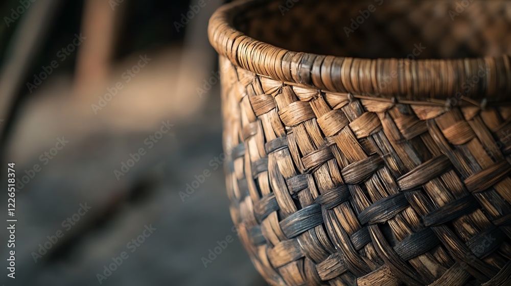 Obraz premium Intricate Woven Bamboo Basket Detail Close Up