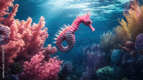 A vibrant underwater scene featuring a colorful seahorse amidst coral reefs. photo