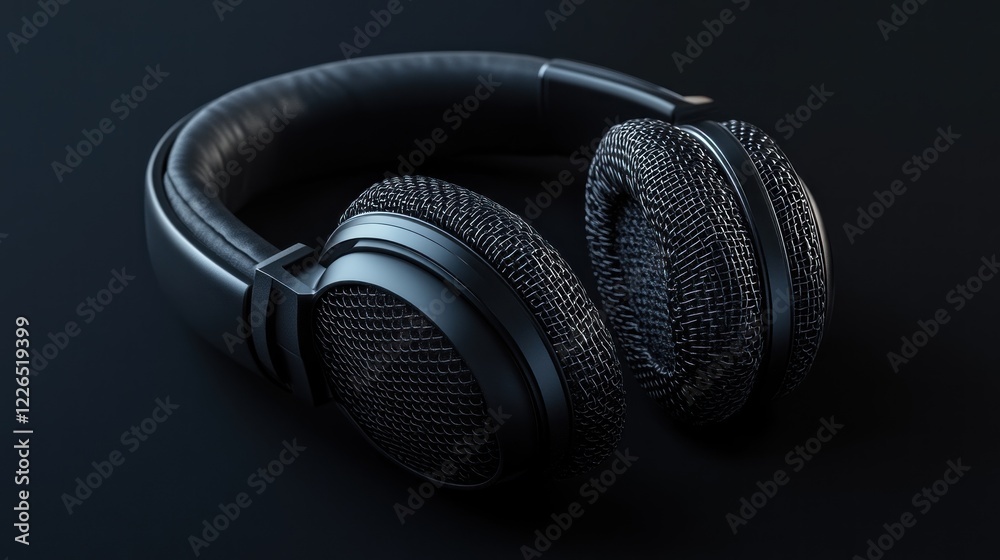 A pair of sleek black headphones resting on a dark surface, designed for audio enjoyment. A pair of sleek black headphones resting on a dark surface, designed for audio enjoyment.
