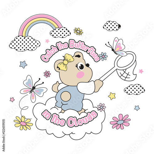 Cute bear vector surrounded by beautiful floral decoration and small insects, creating a peaceful nature scene

