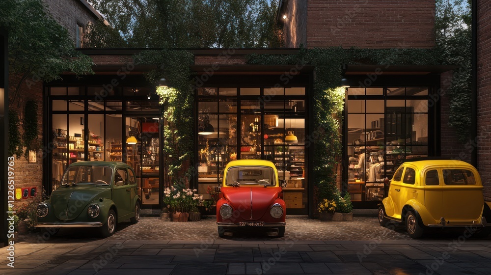 Fototapeta premium Boutique car-sharing store in a charming neighborhood, featuring compact vehicles and a rustic design