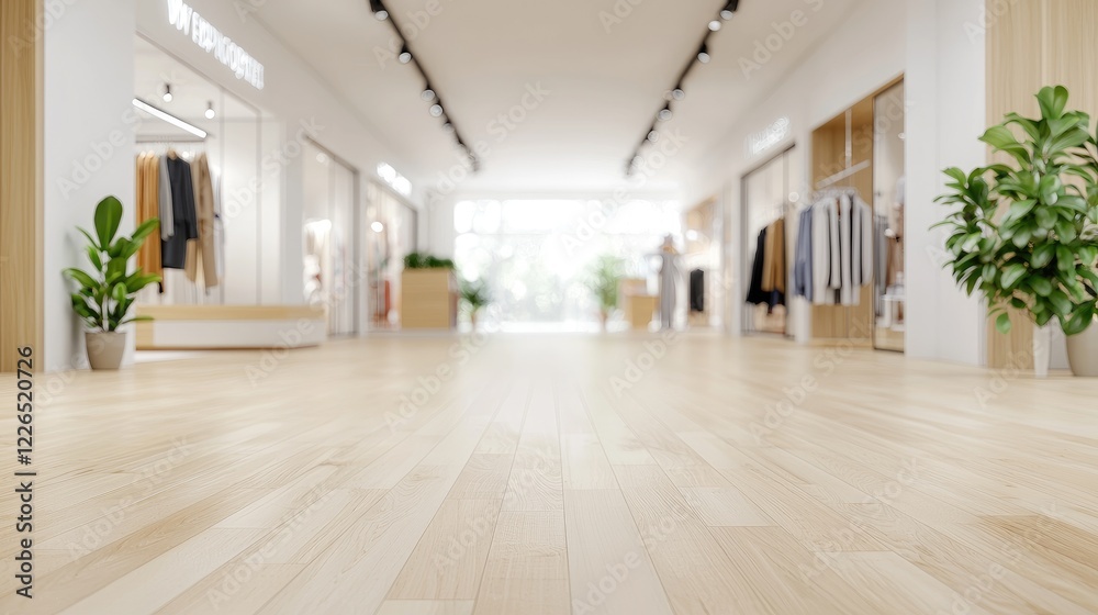 Fototapeta premium Modern shopping mall interior, bright hallway, clothing stores, plants, background blur, retail space