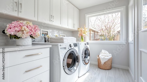 Bright laundry room with washer, dryer, and flowers.  Home renovation, clean design