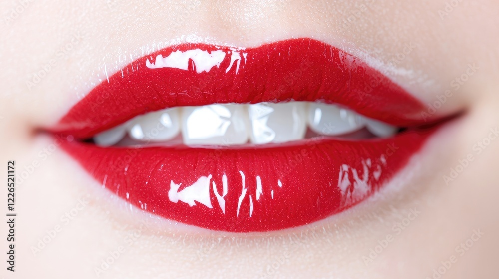 Fototapeta premium Close-up of red lips, smile, beauty, cosmetics, skincare
